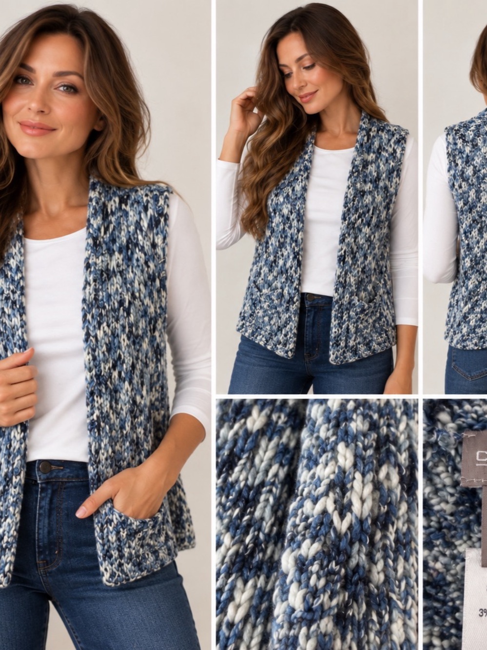Chico’s Size 2 Blue White Marled Knit Long Open Front Sweater Vest Wool Blend